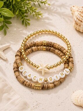 14K Gold Plated Custom Bracelet Stack - Set of 3 - Gold/White Beach Girl